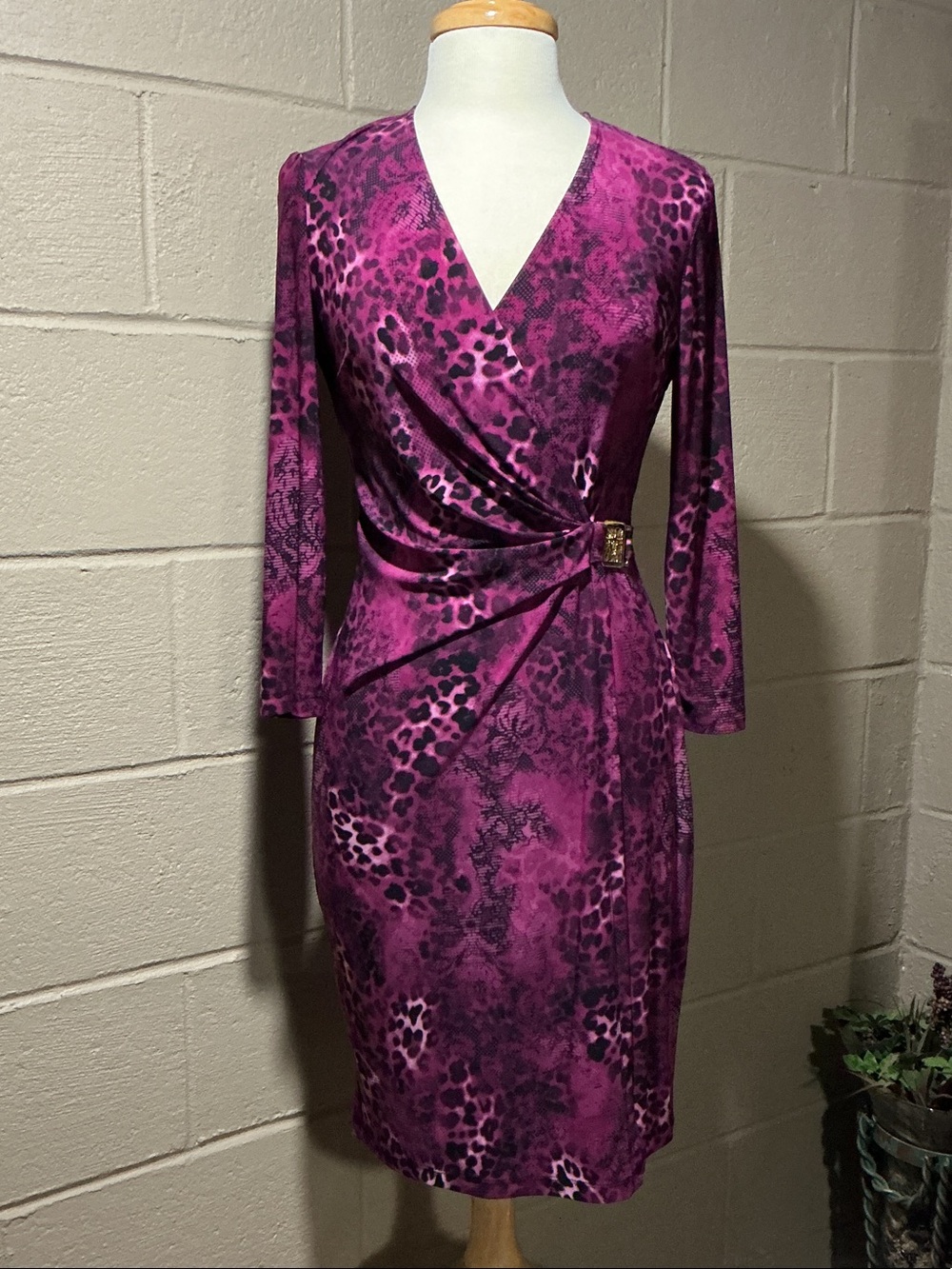 Anne Klein Magenta Animal-Print Wrap Dress